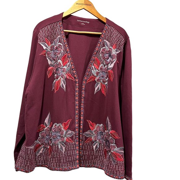 Soft Surroundings Playa Embroidered Open Front Boxy Cardigan, Berry, 2X - Picture 1 of 11